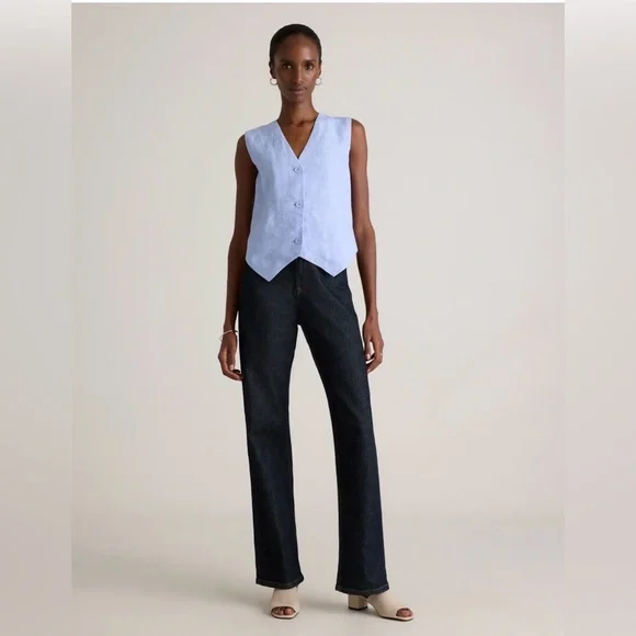 NWT Quince 100% European Linen Vest Top Button Front V-Neck Light Blue Size S - Picture 2 of 7